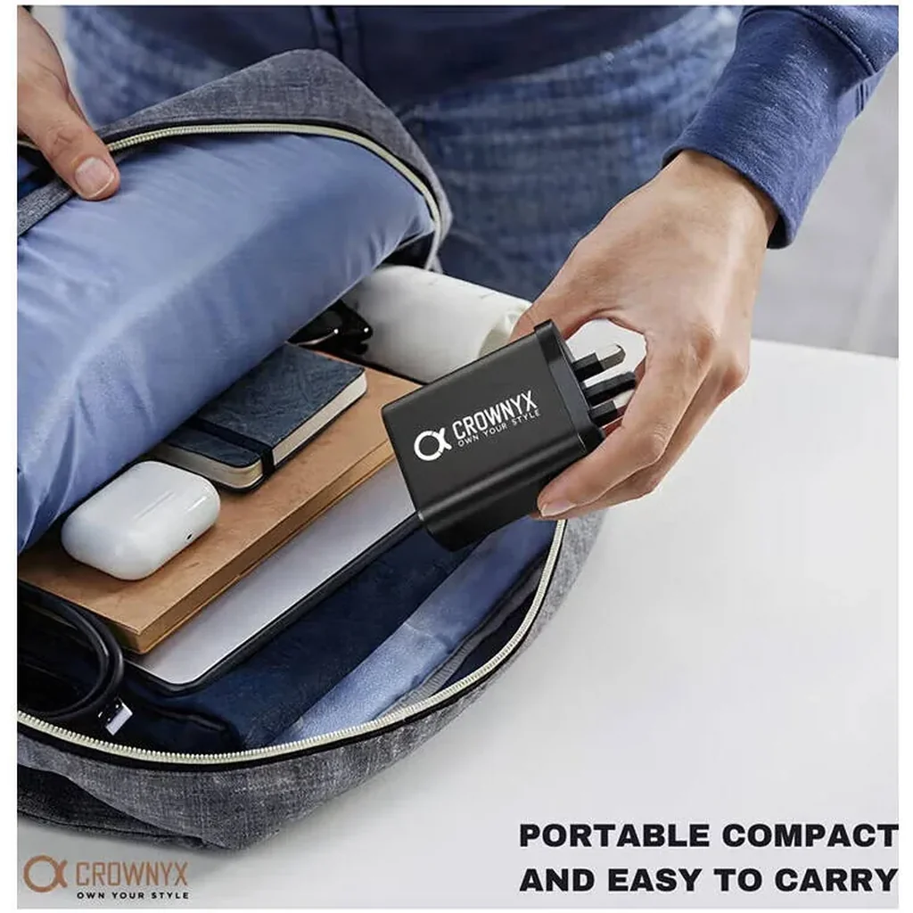 CROWNYX 65W 3-Port Fast Charger, Dual USB-C & USB-A Compact PD Wall Adapter for MacBook, iPhone, Samsung, iPad, Tablets & Travel Use, Black | CMC-365 - Image 6