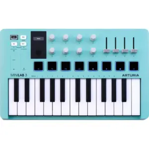 Arturia MiniLab MK 3 Compact MIDI Controller, 25 Sensitive Slim Keys, 2 Banks of 8 Velocity & 8 Rotary Encoders, 4 Sliders, 2 Capacitive Touch Sensors, Aquamarine | MiniLab-3