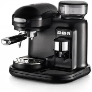 Ariete Moderna 1318 Espresso Coffee Machine with Integrated Adjustable Grinder, Steam Wand, Milk Frother, Steel Body, 220-240V Compact Classic Design, Black | Moderna 1318