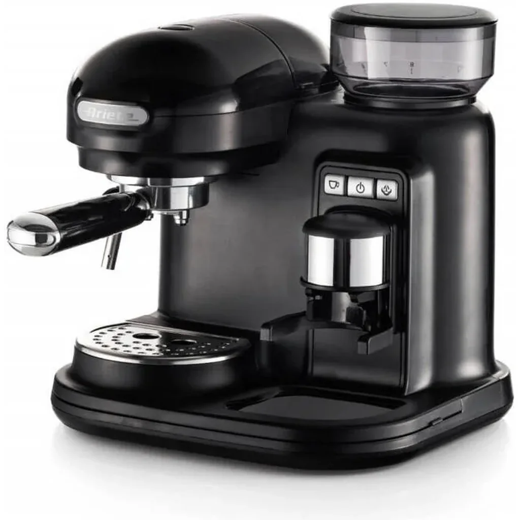 Ariete Moderna 1318 Espresso Coffee Machine with Integrated Adjustable Grinder, Steam Wand, Milk Frother, Steel Body, 220-240V Compact Classic Design, Black | Moderna 1318