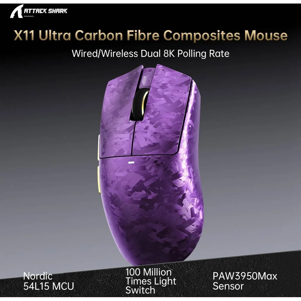 ATTACK SHARK X11 Ultra Carbon Fiber Wireless Gaming Mouse, 8K Polling Rate, 42000 DPI PAW3950MAX Sensor, Ultra-Light 63g Esports Mouse, Tri-Mode Connectivity, Purple | X11 Ultra - Image 2