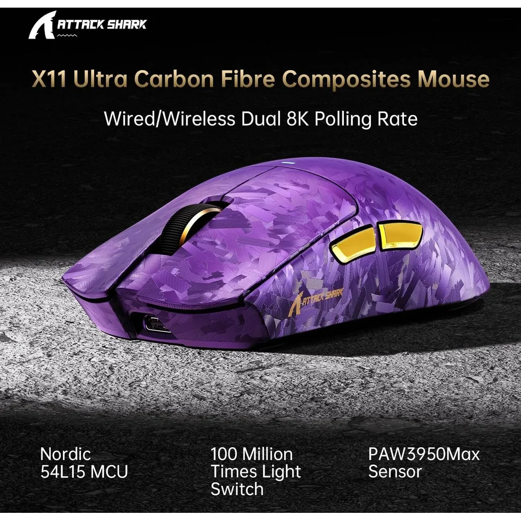 ATTACK SHARK X11 Ultra Carbon Fiber Wireless Gaming Mouse, 8K Polling Rate, 42000 DPI PAW3950MAX Sensor, Ultra-Light 63g Esports Mouse, Tri-Mode Connectivity, Purple | X11 Ultra - Image 4