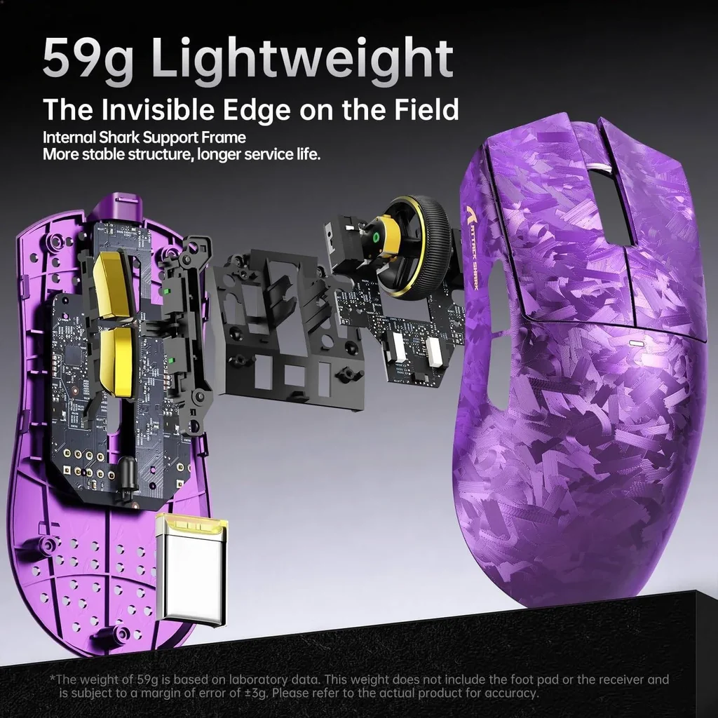 ATTACK SHARK X11 Ultra Carbon Fiber Wireless Gaming Mouse, 8K Polling Rate, 42000 DPI PAW3950MAX Sensor, Ultra-Light 63g Esports Mouse, Tri-Mode Connectivity, Purple | X11 Ultra - Image 7