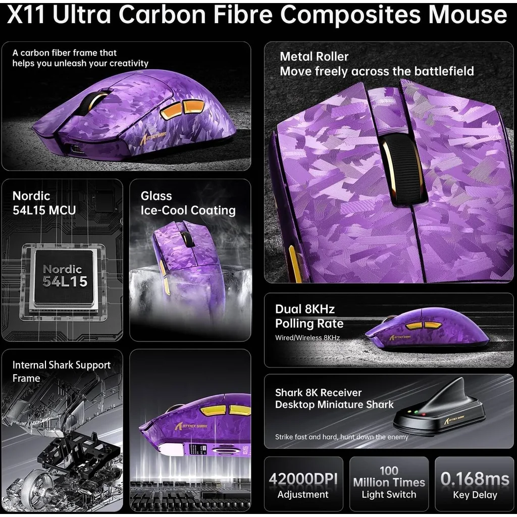 ATTACK SHARK X11 Ultra Carbon Fiber Wireless Gaming Mouse, 8K Polling Rate, 42000 DPI PAW3950MAX Sensor, Ultra-Light 63g Esports Mouse, Tri-Mode Connectivity, Purple | X11 Ultra - Image 9