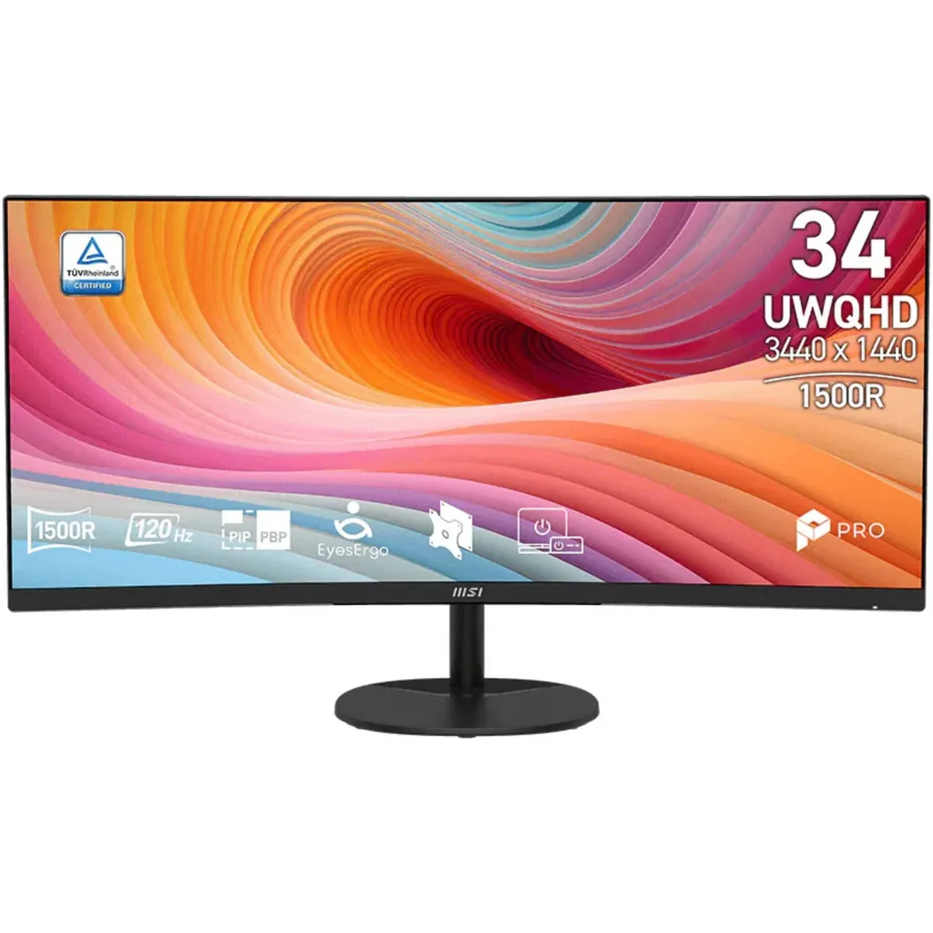 MSI PRO MP341CQ E12 Curved Business Monitor, 34 Inch UWQHD Display, VA Panel, 120Hz Refresh Rate, 1ms Response Time, 1500R Curvature, HDR Ready, VESA Mount Support, Black | 9S6-3PB2CT-074