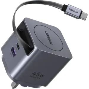 UGREEN Nexode Pro 45W GaN Wall Charger, USB-C PD & PPS Fast Charging, 1x USB-C, 1x USB-A, Built-In 0.7M Retractable USB-C Cable, QC, AFC, FCP, 8 Safety Protections, Grey | 65823