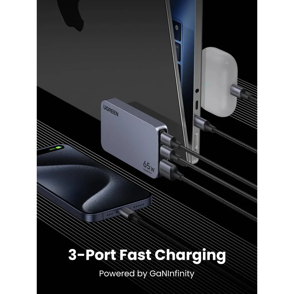 UGREEN Nexode Pro 65W GaN Fast Charger, USB-C 3-Port Wall Charger, PD Fast Charging with PPS 45W, GaNInfinity Technology, Super Fast Charging, Real-Time Protection, Ultra-Slim Design, Grey | 25356 - Image 3