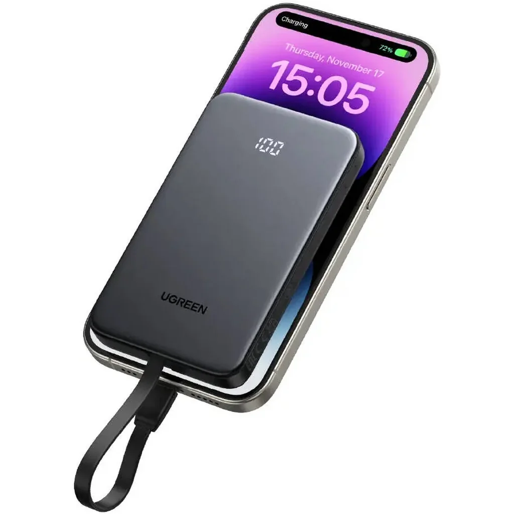UGREEN Zapix Series 10000mAh Power Bank with Built-In USB-C Cable, 20W USB-C Two-Way Fast Charging, USB-C Power Delivery, LED Digital Display, Airline Safe, Multi-Device Compatibility, Black | 75161 - Image 3