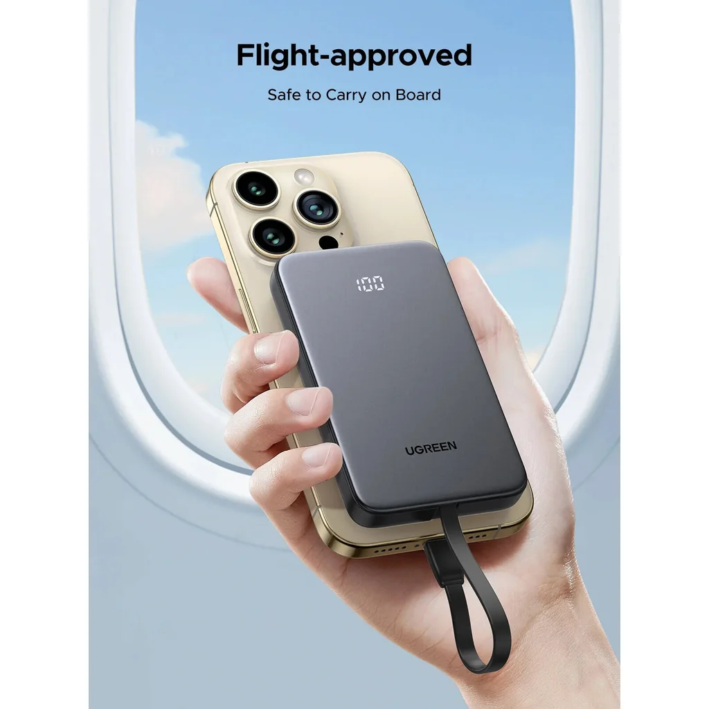 UGREEN Zapix Series 10000mAh Power Bank with Built-In USB-C Cable, 20W USB-C Two-Way Fast Charging, USB-C Power Delivery, LED Digital Display, Airline Safe, Multi-Device Compatibility, Black | 75161 - Image 4