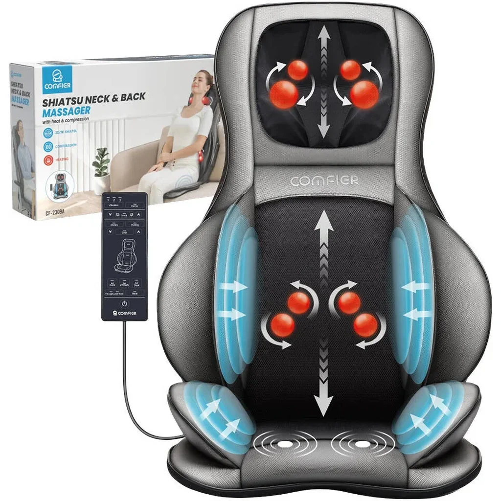 Comfier Shiatsu Neck & Back Massage Chair Pad with Heat, 2D/3D Deep Kneading, Air Compression, Rolling, Vibration & Spot Massage for Home & Office, Classic Grey | CF-2307A