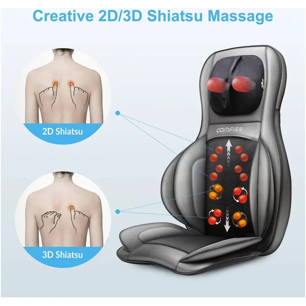 Comfier Shiatsu Neck & Back Massage Chair Pad with Heat, 2D/3D Deep Kneading, Air Compression, Rolling, Vibration & Spot Massage for Home & Office, Classic Grey | CF-2307A - Image 7