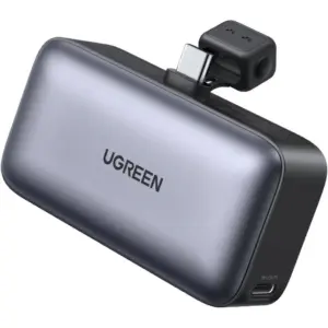 UGREEN Nexode Power Bank Mini 5000mAh, 22.5W Fast Charging, Built-In USB-C Connector, 2x USB-C, PD 3.0, QC 3.0, SCP, Foldable Kickstand, 112g, Carbon Fiber, Use With Case, Black | 35338