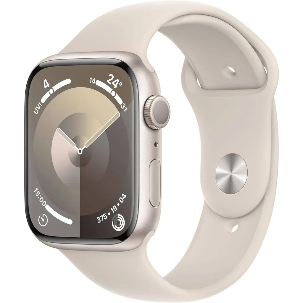 Refurbished - Apple Watch Series 9 GPS 45mm Smartwatch with Starlight Aluminum Case with Starlight Sport Band M/L, Always-On Retina Display, Blood Oxygen & ECG Apps, Starlight | MR973LL/A