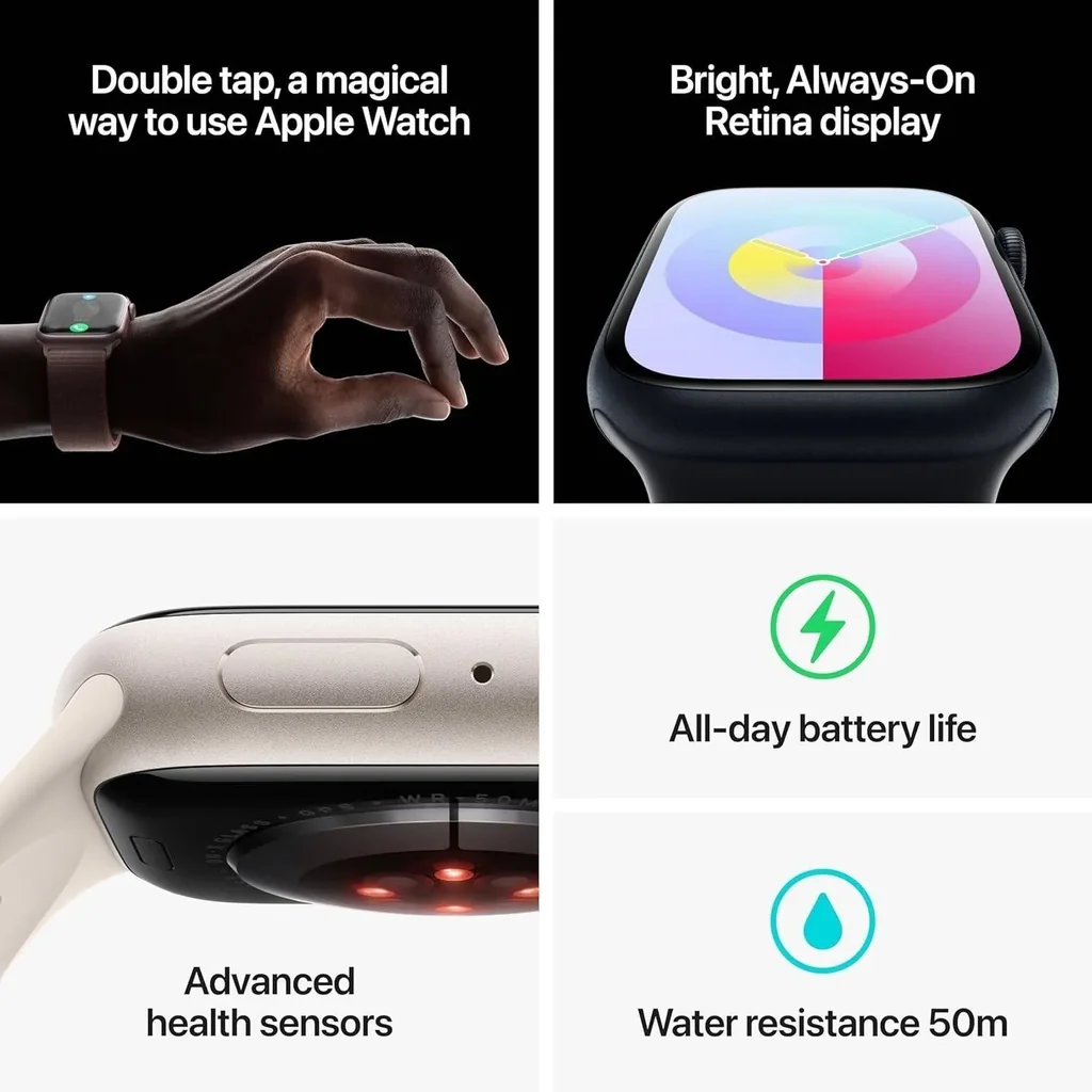 Refurbished - Apple Watch Series 9 GPS 45mm Smartwatch with Starlight Aluminum Case with Starlight Sport Band M/L, Always-On Retina Display, Blood Oxygen & ECG Apps, Starlight | MR973LL/A - Image 6