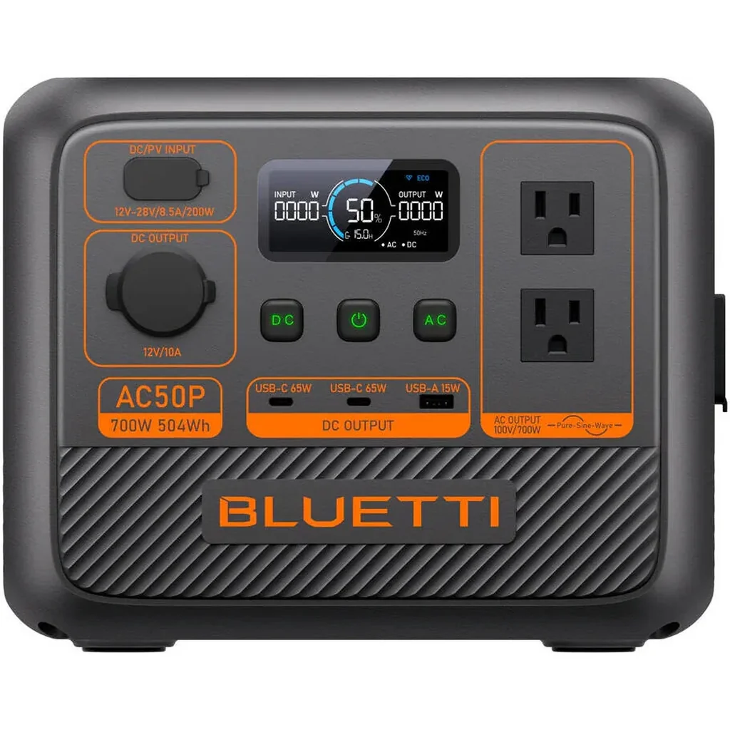 BLUETTI AC50P Portable Power Station 504Wh, 700W AC Output, 1200W Power Lifting, 600W Turbo Charging, LiFePO4 Battery, 200W Solar Input, UPS, USB-C 65W, Backup Power Generator, Black | AC50P
