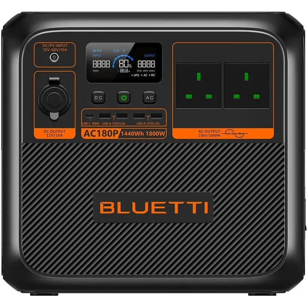 BLUETTI AC180P Portable Power Station, 1,800W AC Output, 2,700W Power Lifting, 1,440W Turbo Charging, LiFePO4 Battery, 500W Solar Input, Pure Sine Wave, UPS, Bluetooth App Control, Black | AC180P