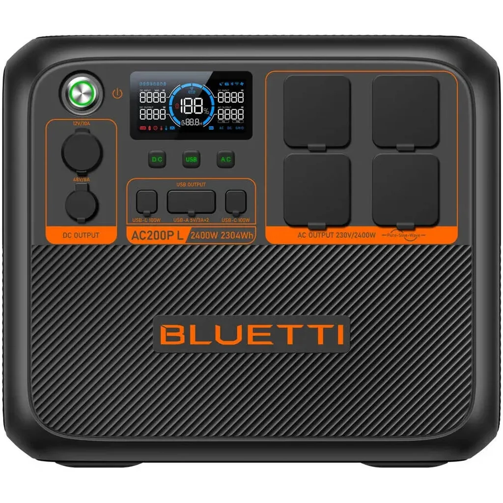 Bluetti AC200PL 2304Wh Portable Power Station, 2400W Pure Sine Wave Inverter, 7200W Surge, LiFePO4 Battery, 1200W Solar Input, 100W USB-C, 48V RV Outlet, Black | AC200PL