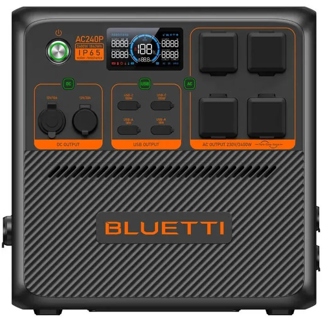 Bluetti AC240P 1843Wh Portable Power Station, 2400W Pure Sine Wave Inverter, 3600W Power Lifting, LiFePO4 Battery, 1200W Solar Input, IP65, 100W USB-C, Expandable with 4 B210, Black | AC240P