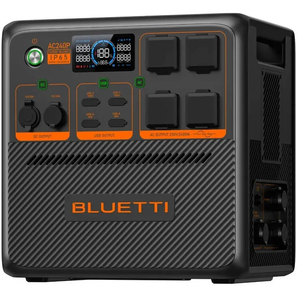 Bluetti AC240P 1843Wh Portable Power Station, 2400W Pure Sine Wave Inverter, 3600W Power Lifting, LiFePO4 Battery, 1200W Solar Input, IP65, 100W USB-C, Expandable with 4 B210, Black | AC240P - Image 4