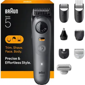 Braun Series 5 All-in-One Beard & Body Grooming Kit for Men, Cordless Trimmer, Hair Clippers & Shaver for Face, Hair & Body with Smooth Shave Head, Grey | AIO 5510