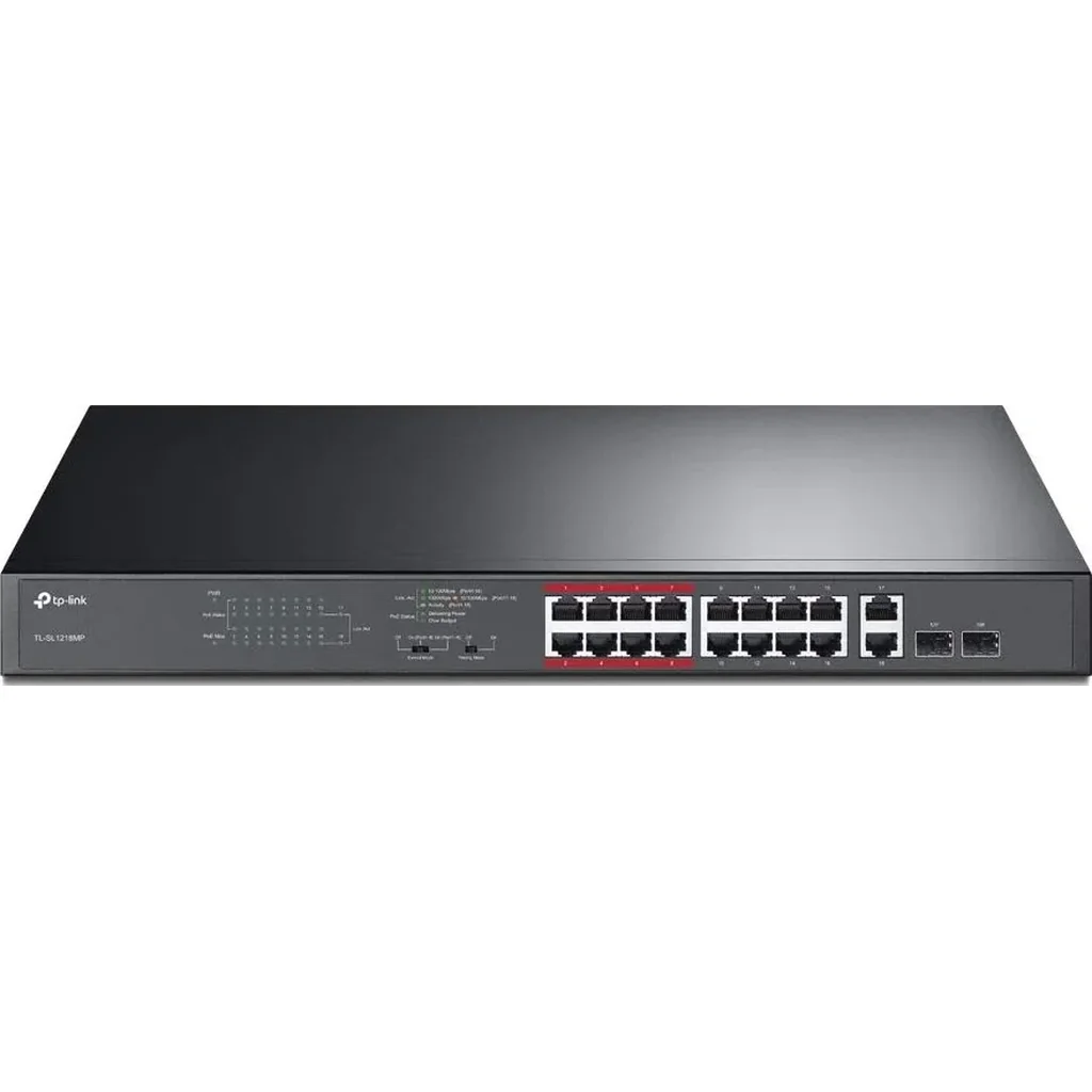TP-Link 16-Port 10/100 Mbps + 2-Port Gigabit Rackmount Switch with 16-Port PoE+ | TL-SL1218MP