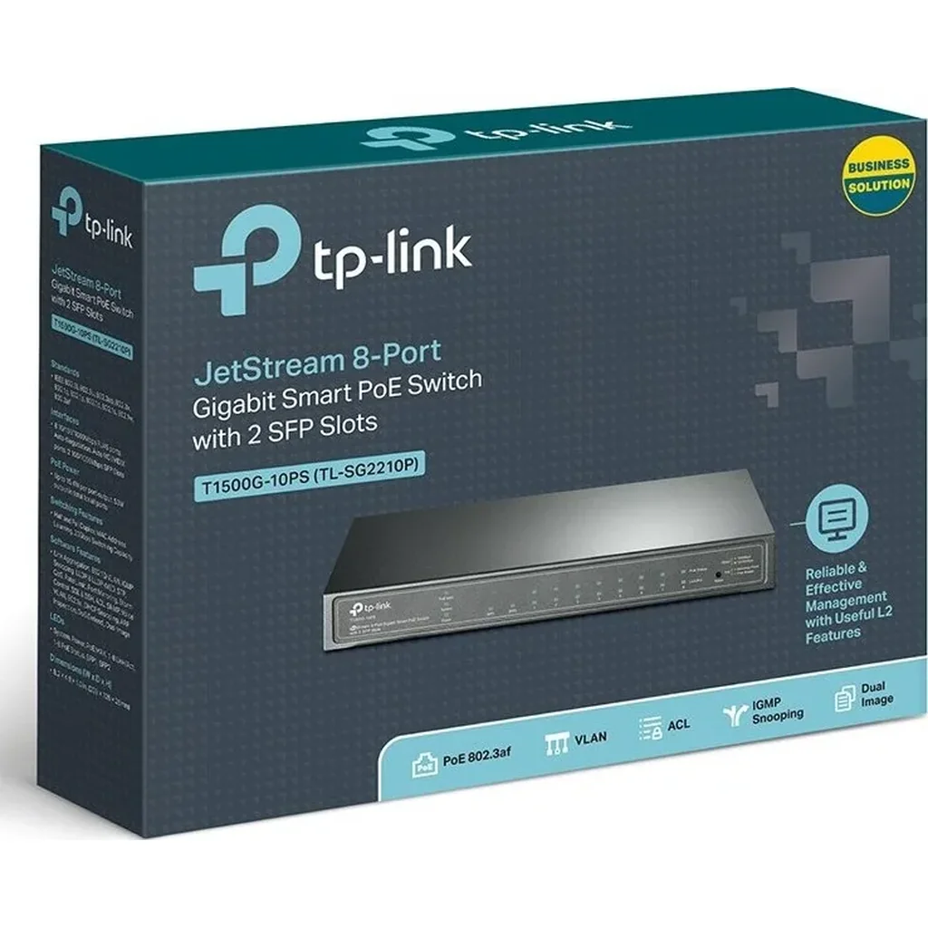 TP-Link T1500G-10PS JetStream 8-Port Gigabit PoE Switch with 2 SFP, 20 Gb/s Switching, 53W PoE Power Budget, 14.9Mpps FWD Rate, 9KB Jumbo Frame, Extensive L2 Features, Black | T1500G-10PS(TL-SG2210P) - Image 4
