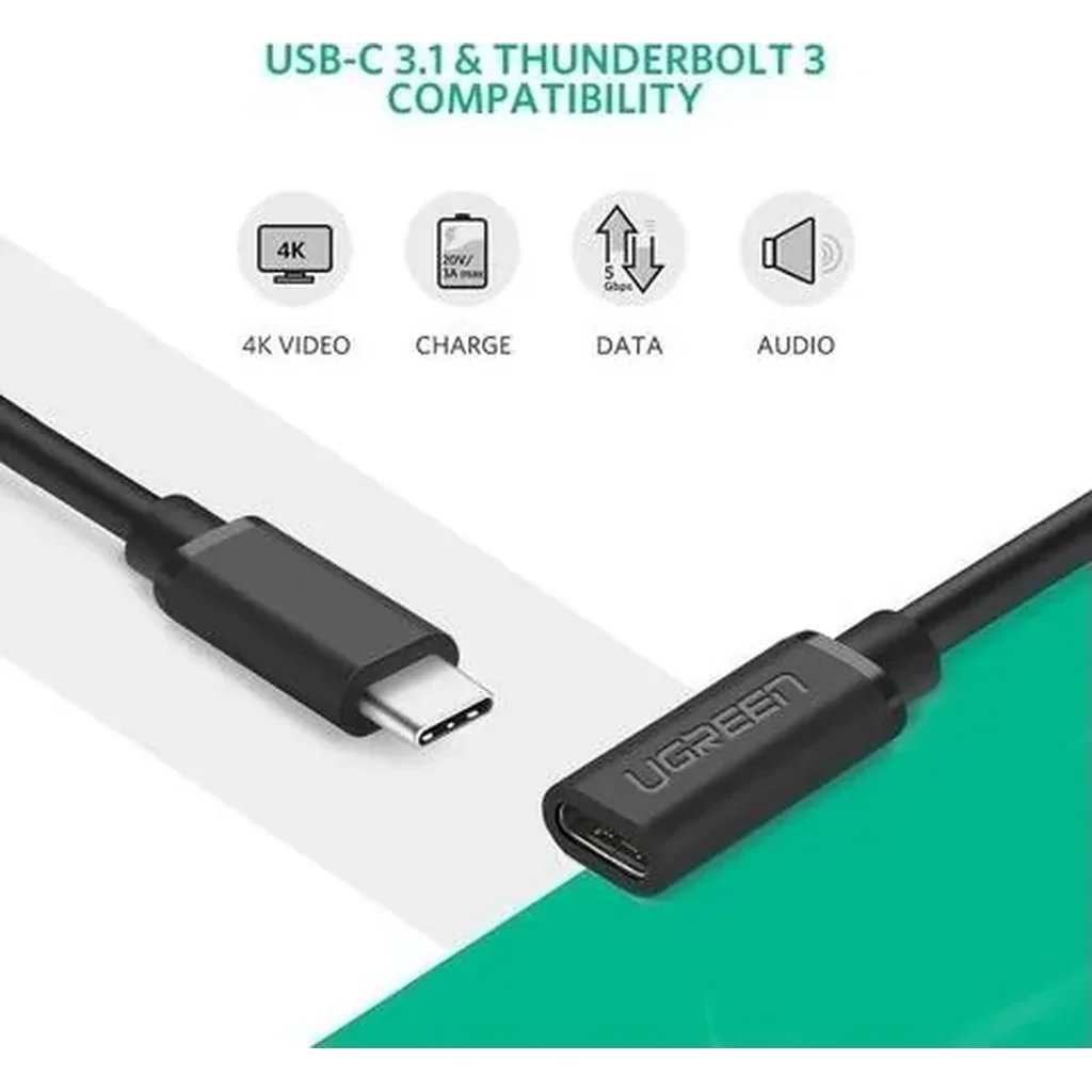 Ugreen USB-C 3.1 Gen2 5A Extension Cable, Type C Male to Female Wire, Compatible For Macbook, Nintendo Switch, iPad Etc, 0.5 Meter Length, Black | 40574 - Image 6