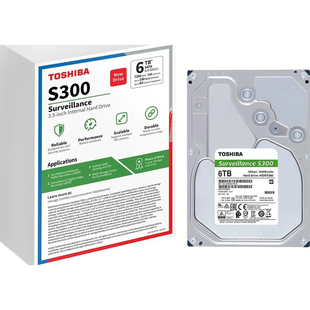 TOSHIBA S300 3.5" 6TB Surveillance SATA 6.0 Gbit/s Internal Hard Drive, 184MB/s Typ Data Transfer Speed, 5400 RPM Speed, 24/7 Operation, Supports 64 Cameras, 180TB/Year Workload | HDWT860UZSVA - Image 4