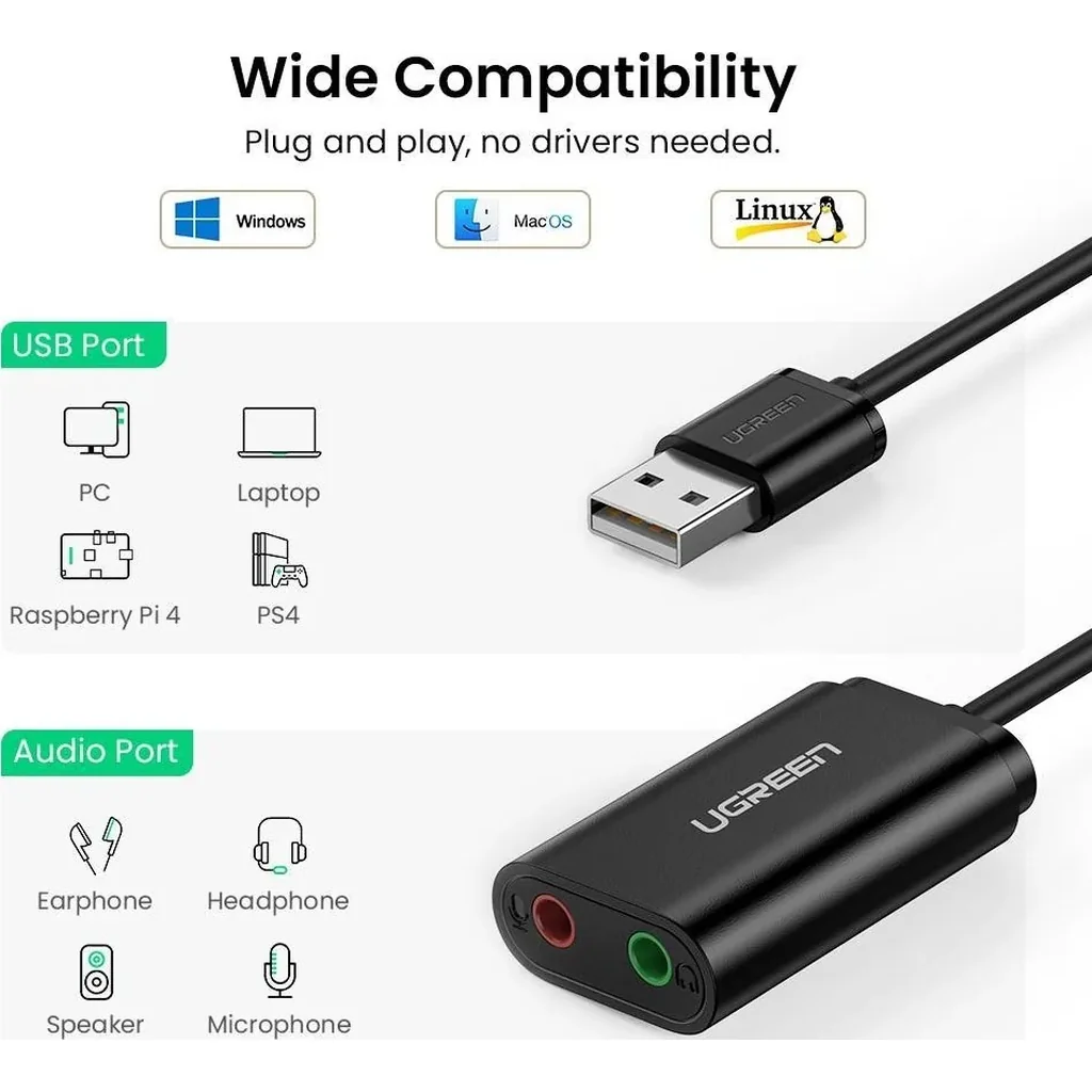 UGREEN USB 2.0 External Stereo Sound Card Adapter, USB-A to 3.5mm Headphone and Microphone Jack Convertor, Crystal-Clear Sound, For Win/Mac/Linux/PS5, Black | 30724 - Image 2