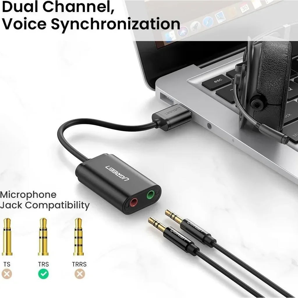 UGREEN USB 2.0 External Stereo Sound Card Adapter, USB-A to 3.5mm Headphone and Microphone Jack Convertor, Crystal-Clear Sound, For Win/Mac/Linux/PS5, Black | 30724 - Image 3