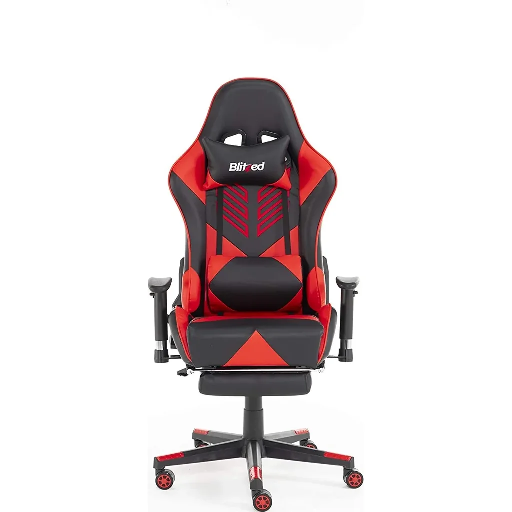 Blitzed Budget Adonis Faux Leather Racing Syle Gaming Chair With Head Pillow And Lumbar Cushion With Footrest - Red