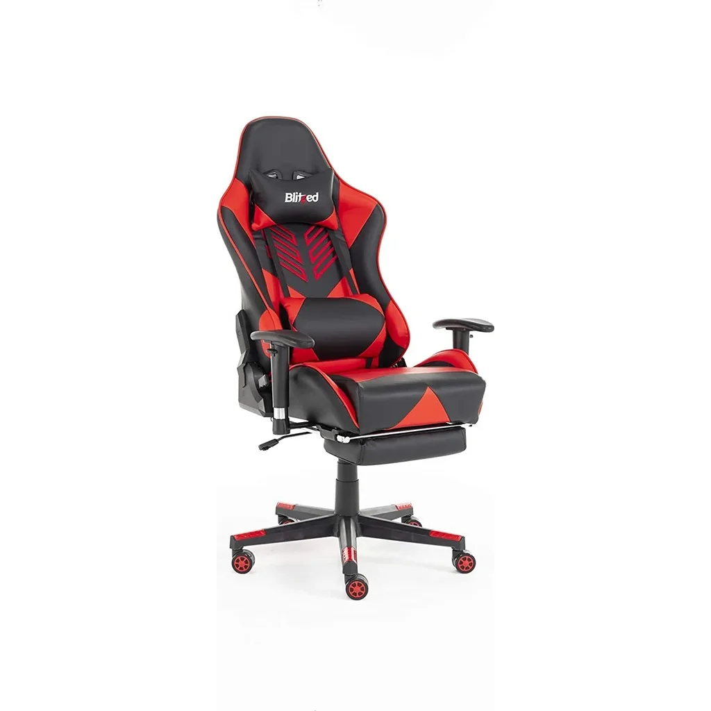 Blitzed Budget Adonis Faux Leather Racing Syle Gaming Chair With Head Pillow And Lumbar Cushion With Footrest - Red - Image 2