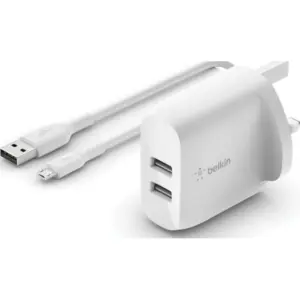 Belkin Dual USB-A Wall 24W Charger, + USB-A to Micro-USB Cable, Charge Two Devices at Once, 1 Meter USB-A to Micro USB Cable, White White | WCE002my1MWH