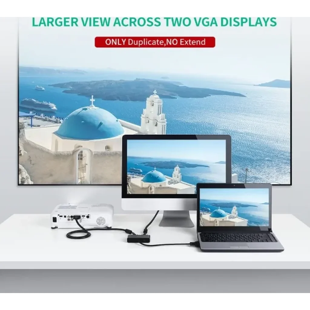 Ugreen VGA Splitter 1 in 2 Out Computer Monitor SVGA Port, Built In Signal Booster, With 1M Cable Support 1080P, 60Hz for Laptop PC to Monitor, Black | 40254 - Image 2