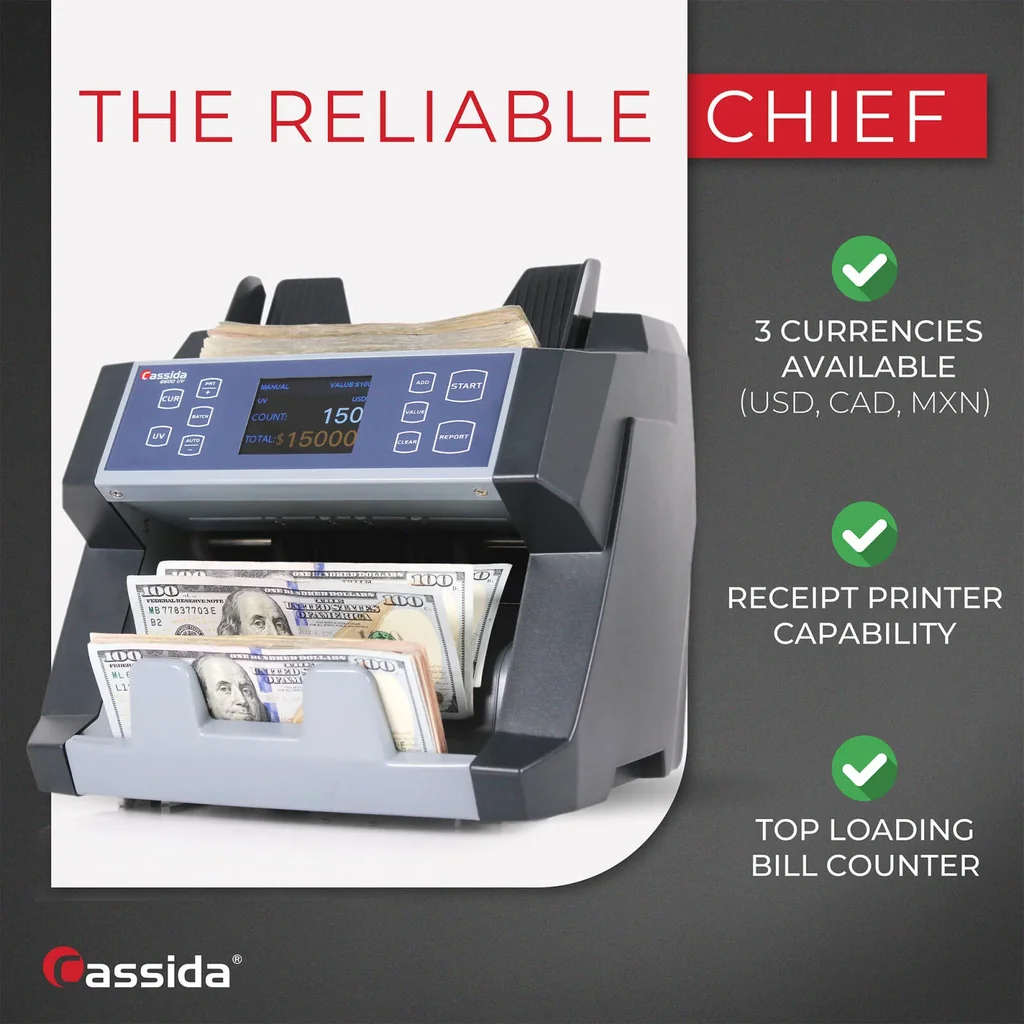 Cassida 6600 UV Series Business-Grade Bill Counter with ValuCount Counting Machine, TFT 2.8 Display, 1400 Bills Per Minute, 400 Bills Hopper, 250 Bills Stacker, Top Loader, Gray | 6600 UV - Image 2