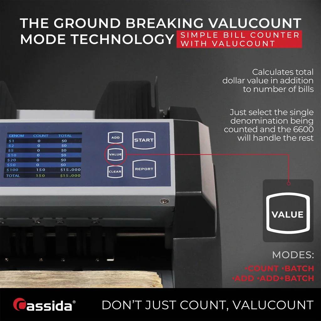 Cassida 6600 UV Series Business-Grade Bill Counter with ValuCount Counting Machine, TFT 2.8 Display, 1400 Bills Per Minute, 400 Bills Hopper, 250 Bills Stacker, Top Loader, Gray | 6600 UV - Image 4
