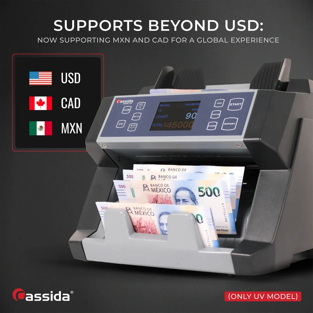 Cassida 6600 UV Series Business-Grade Bill Counter with ValuCount Counting Machine, TFT 2.8 Display, 1400 Bills Per Minute, 400 Bills Hopper, 250 Bills Stacker, Top Loader, Gray | 6600 UV - Image 6
