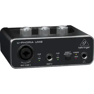 Behringer UM2 U-Phoria USB Audio Interface, 2x2 Channel, XENYX Mic Preamp, 48kHz Resolution, Combo XLR TRS Input, Phantom Power, Instrument Input, Phones Output, USB Powered, Black | UM2