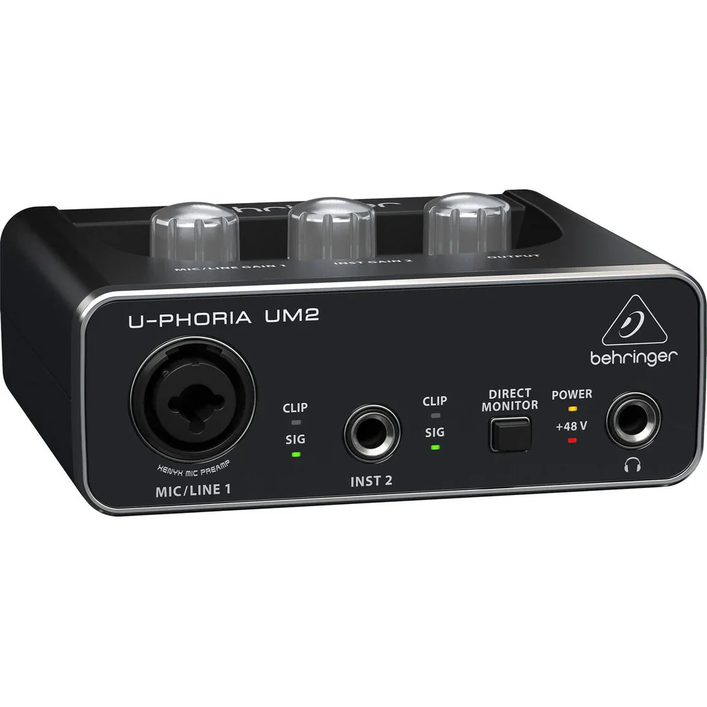 Behringer UM2 U-Phoria USB Audio Interface, 2x2 Channel, XENYX Mic Preamp, 48kHz Resolution, Combo XLR TRS Input, Phantom Power, Instrument Input, Phones Output, USB Powered, Black | UM2